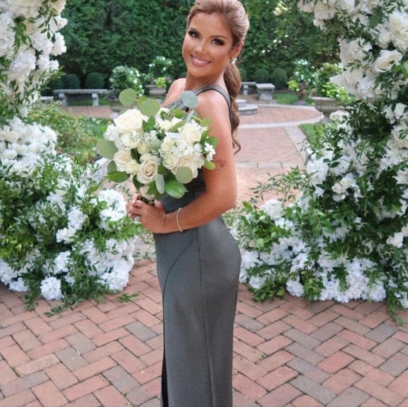 NWT BHLDN Anthropologie One Shoulder Stretch Satin Dylan Dress Dark Gree… - Picture 4 of 11